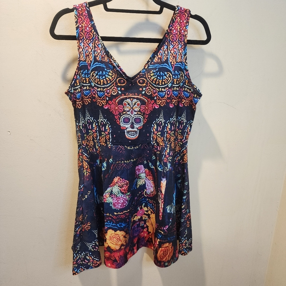 Colorful Sugar Skull Catrina V-Neck Tank Dress Sz M